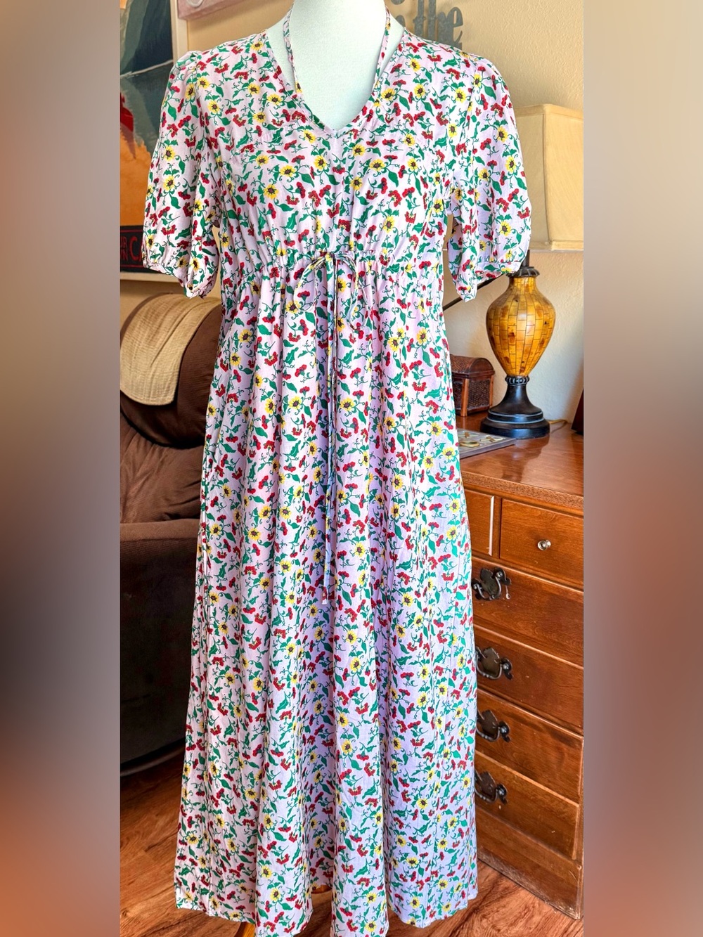 NEW Pink Floral Maxi Dress with V-Neck and Drawstring Waist